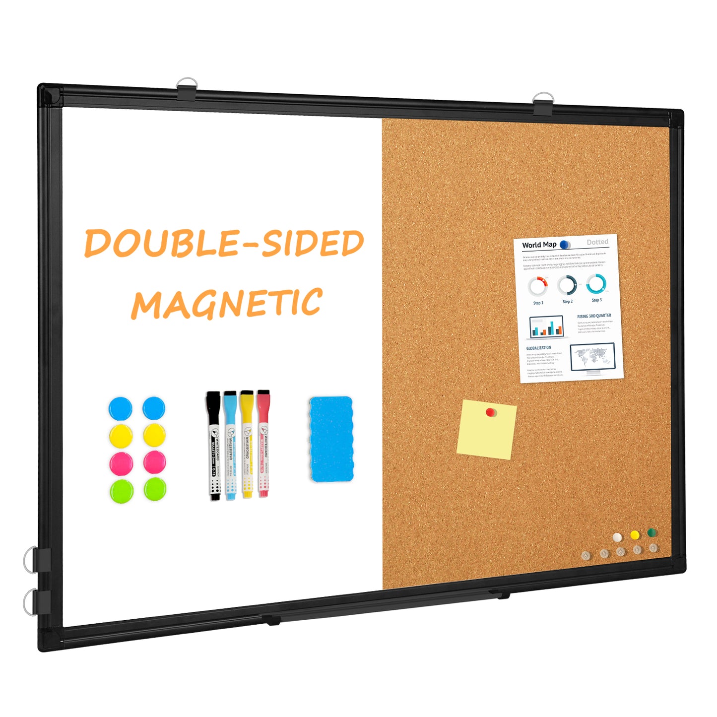 Whiteboard Corkboard Combo, Double-Sided Dry Erase Board with 4 Markers 6 Magnets 10 Pins 1 Eraser-Black