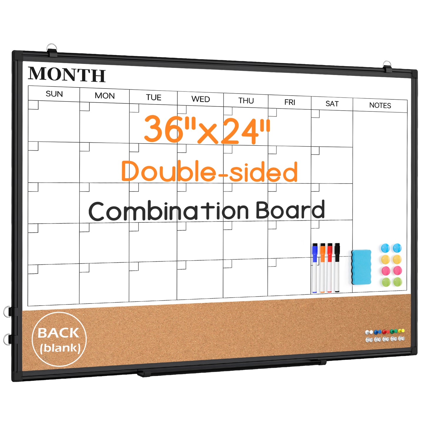 Monthly Calendar Whiteboard 24" x 18",36" x 24" Dry Erase Cork Board Combo Magnetic Double-Sided Calendar White Board and Bulletin Board