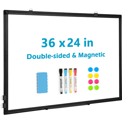 Magnetic White Board, Double-Sided Dry Erase Board for Wall with 8 Markers 8 Magnets 1 Eraser 1 Tray, Black