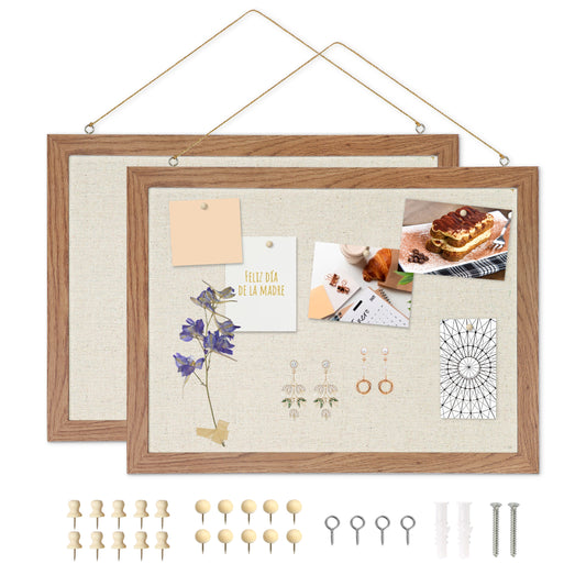 2-Pack Cork Bulletin Board with Linen 16"x12", Brown Wood Framed Corkboard for Wall
