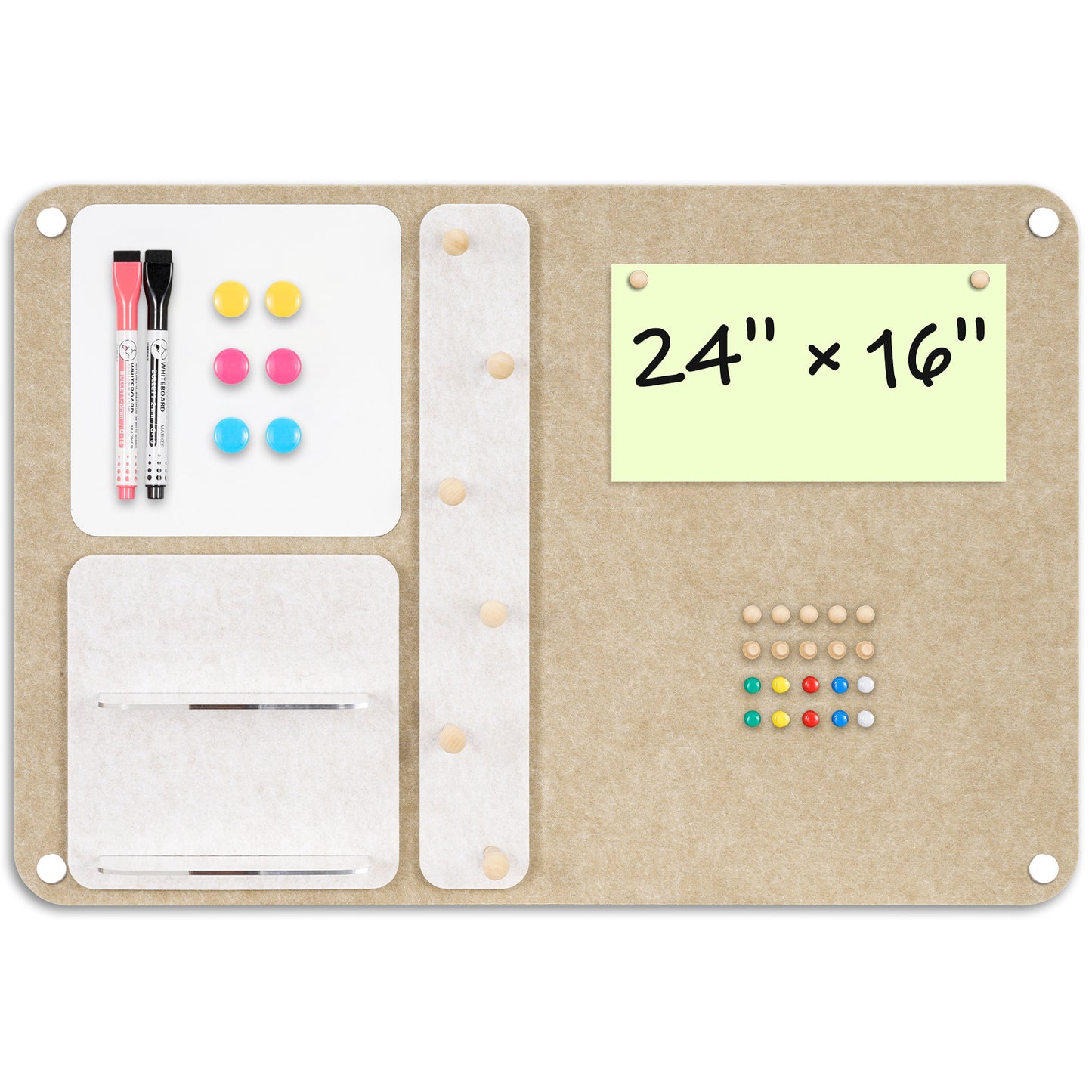 Felt Bulletin Board 24 x 16 In Foldable with Magnetic Whiteboard Dry Erase, Peg Board Acrylic Shelf, Horizonal Latte