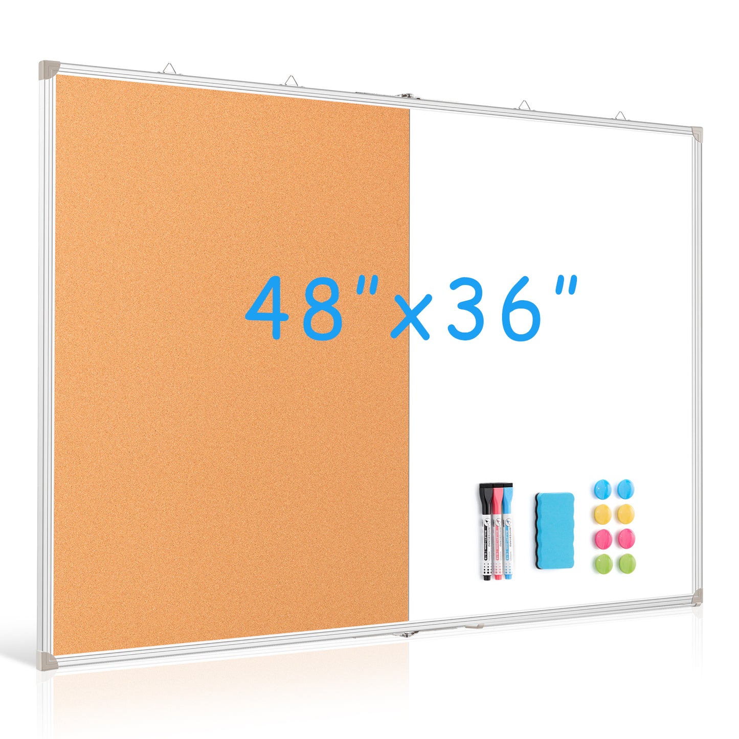 Foldable Cork Board Whiteboard Combo Double-Sided, Large Bulletin Board with 20 Pins 3 Markers 8 Magnets 1 Eraser