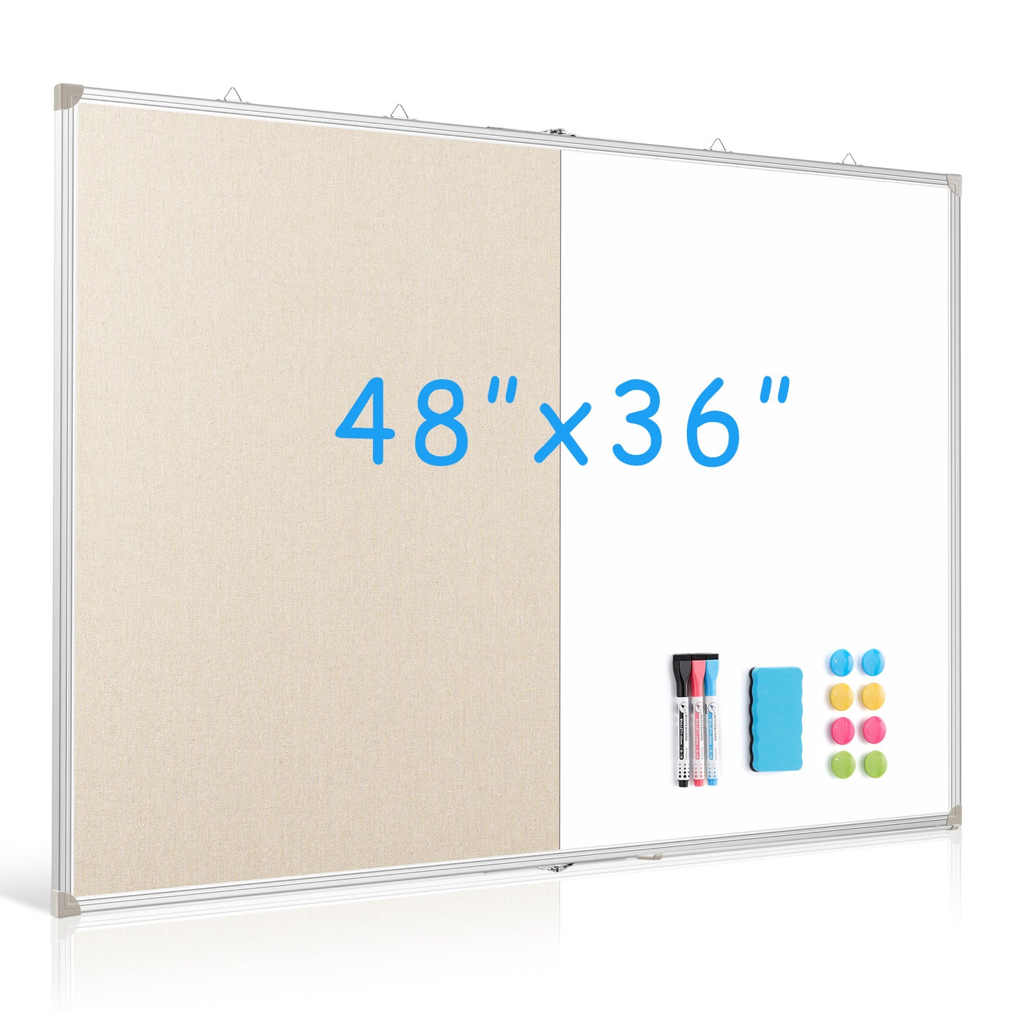 Foldable Linen Cork Board White Board Combo Double-Sided, Extra Large with 20 Pins 3 Markers 8 Magnets 1 Erase, White