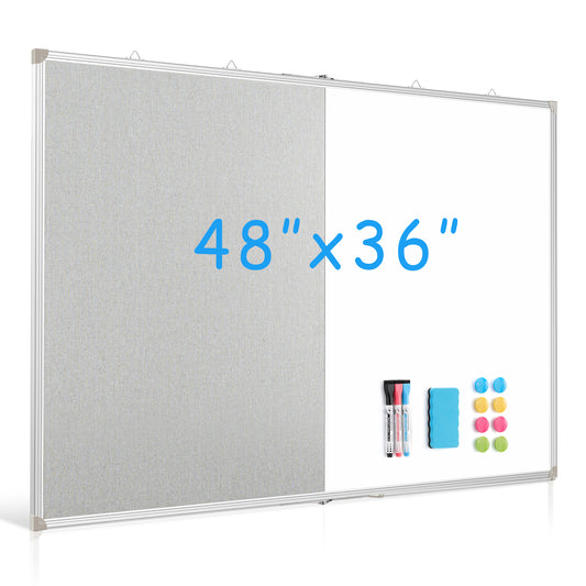 Foldable Linen Cork Board White Board Combo Double-Sided, Extra Large with 20 Pins 3 Markers 8 Magnets 1 Erase, Grey