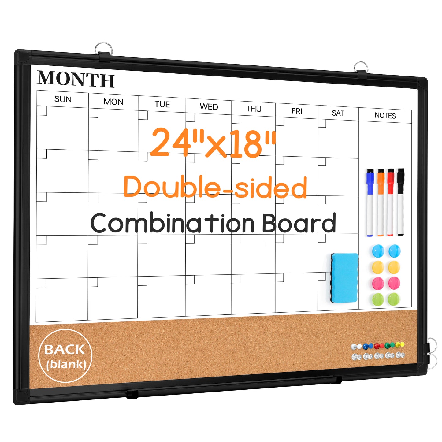 Monthly Calendar Whiteboard 24" x 18",36" x 24" Dry Erase Cork Board Combo Magnetic Double-Sided Calendar White Board and Bulletin Board