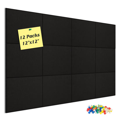 Felt Cork Board Tiles, 12 Packs 12" x 12" 1/2" Thick, Acoustic Panels Soundproof with 60 Pushpins 24 No-Trace Adhesive, Black