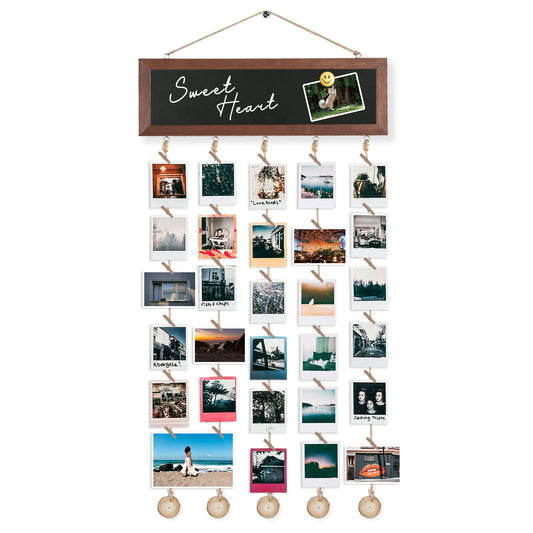 Picture Frames Collage Display Board 15.7''x 35.4'', Wooden Framed Magnetic Blackboard with Markers. Magnets and 30 Clips