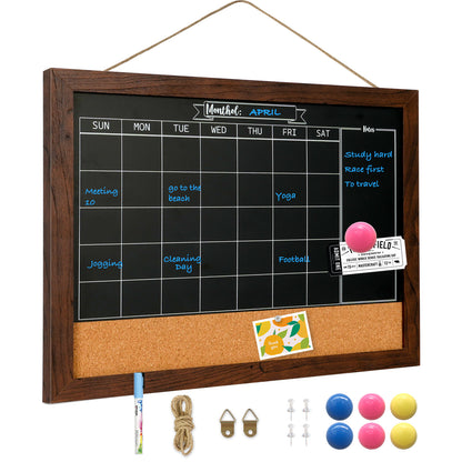 Whiteboard Calendar & Corkboard for Wall, 16"x12" Chalkboard Magnetic Dry Erase Monthly Calendar Chalkboard