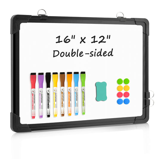 Small Dry Erase Board, 16" x 12", Double-Sided Magnetic Whiteboard with 8 Markers 8 Magnets 1 Eraser-Black