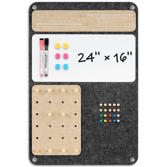 Felt Bulletin Board 24 x 16 In Foldable with Magnetic Whiteboard Dry Erase, Peg Board Acrylic Shelf, Vertical Grey