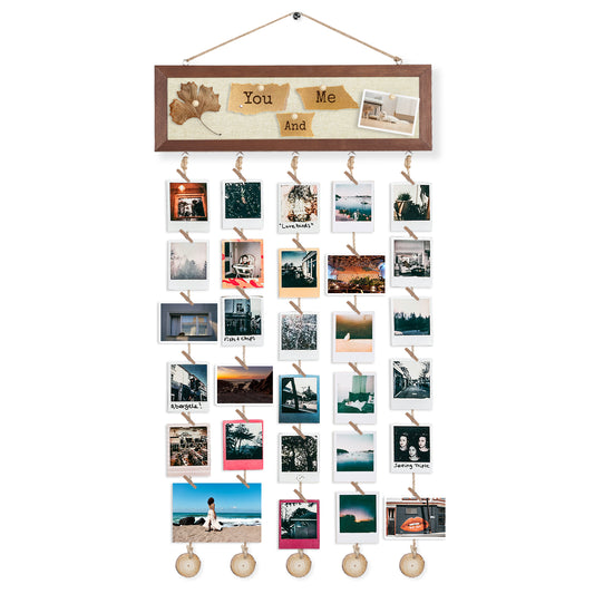 Picture Frames Collage Display Board 15.7''x 35.4'', Wooden Framed Linen Board with Pushpins and 30 Clips