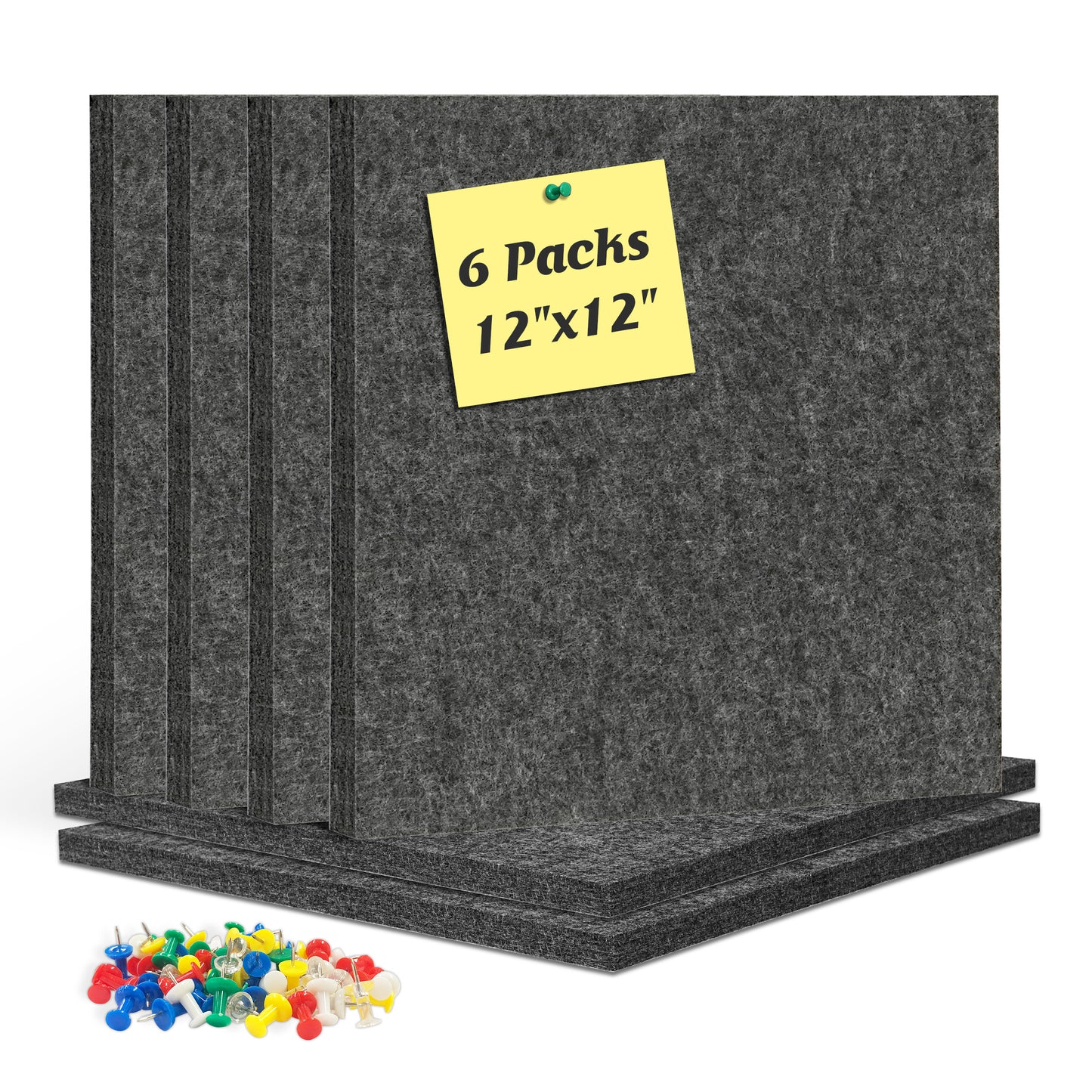 Felt Cork Board Tiles, 6 Packs 12" x 12" 1/2" Thick, Self Adhesive Acoustic Panels Soundproof with 60 Pushpins, Grey