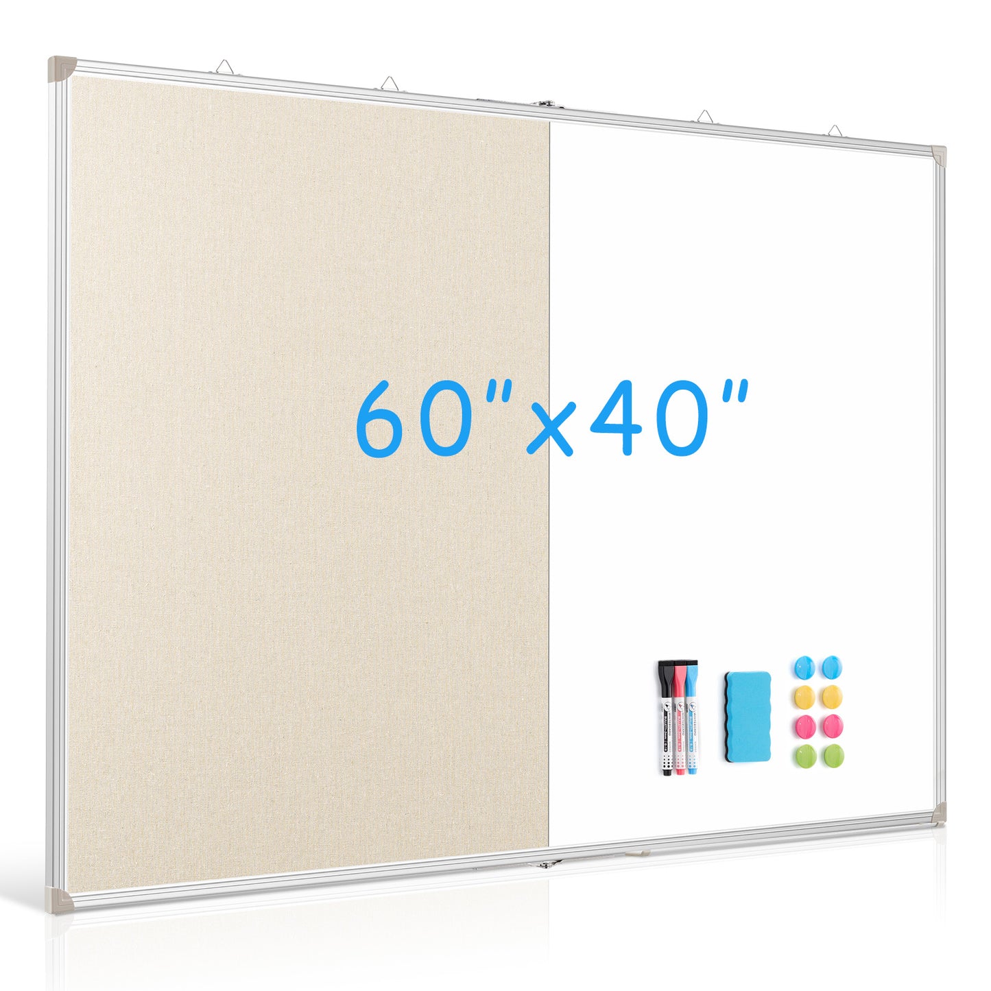 Foldable Linen Cork Board White Board Combo Double-Sided, Extra Large with 20 Pins 3 Markers 8 Magnets 1 Erase, White