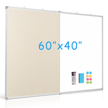 Foldable Linen Cork Board White Board Combo Double-Sided, Extra Large with 20 Pins 3 Markers 8 Magnets 1 Erase, White