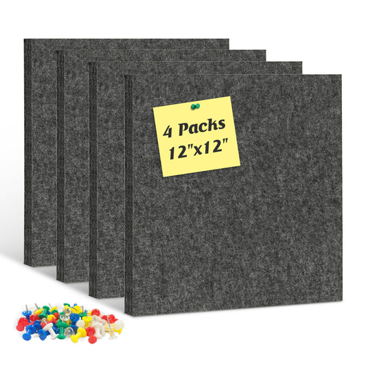 Felt Cork Board Tiles, 4 Packs 12" x 12" 1/2" Thick, Self Adhesive Acoustic Panels Soundproof with 40 Pushpins, Grey