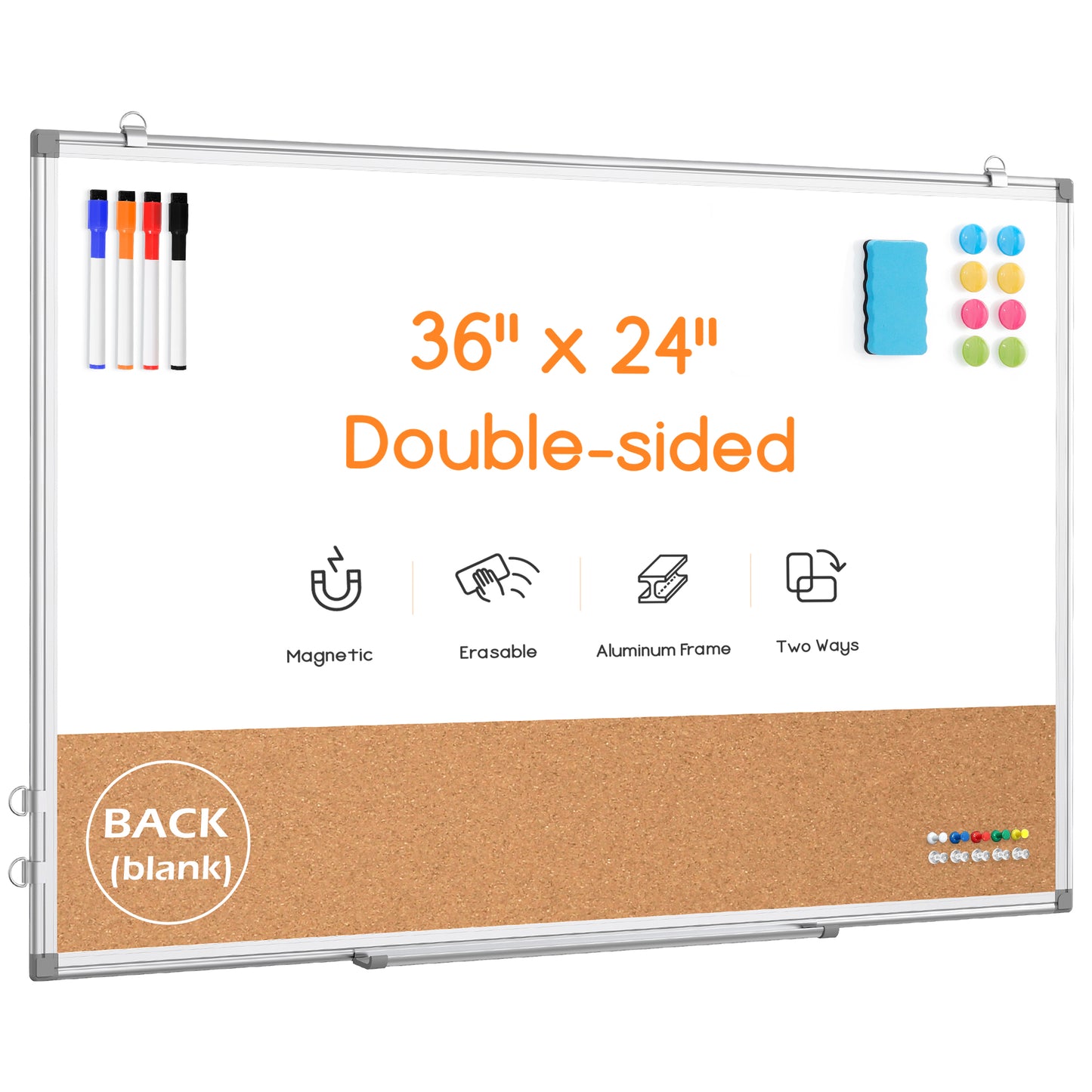 Dry Erase Board Double-Sided Whiteboard Cork Board Combo for Wall,  24" x 18", 36" x 24" Dry Erase White Board Corkboard Combination