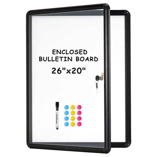 Tamperproof Lockable Magnetic Dry Erase Board 26"x20" Enclosed Notice Board, Black
