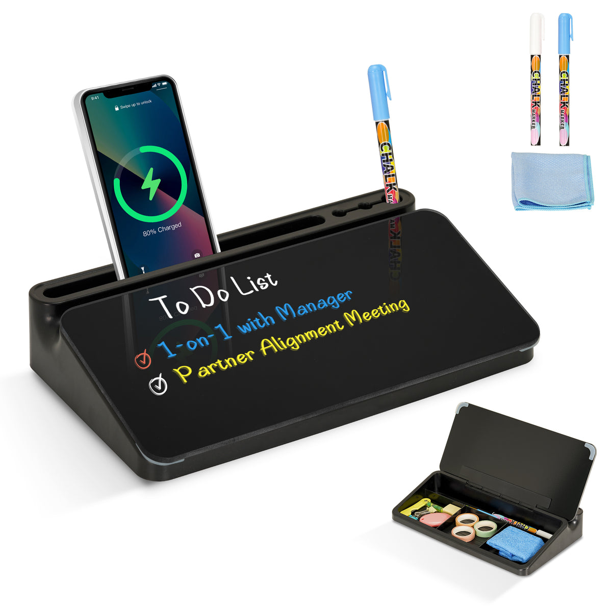 Desktop Glass Whiteboard with Storage Desk Board Buddy Desk Whiteboard Dry Erase Board for Desk
