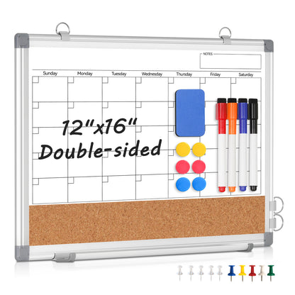 Monthly Calendar Whiteboard 16" x 12" Magnetic Dry Erase Board Dry Erase Cork Board Combination for Wall