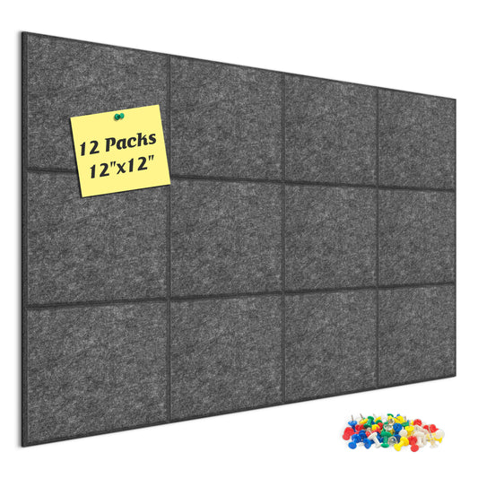 Felt Cork Board Tiles, 12 Packs 12" x 12" 1/2" Thick, Acoustic Panels Soundproof with 60 Pushpins 24 No-Trace Adhesive, Grey