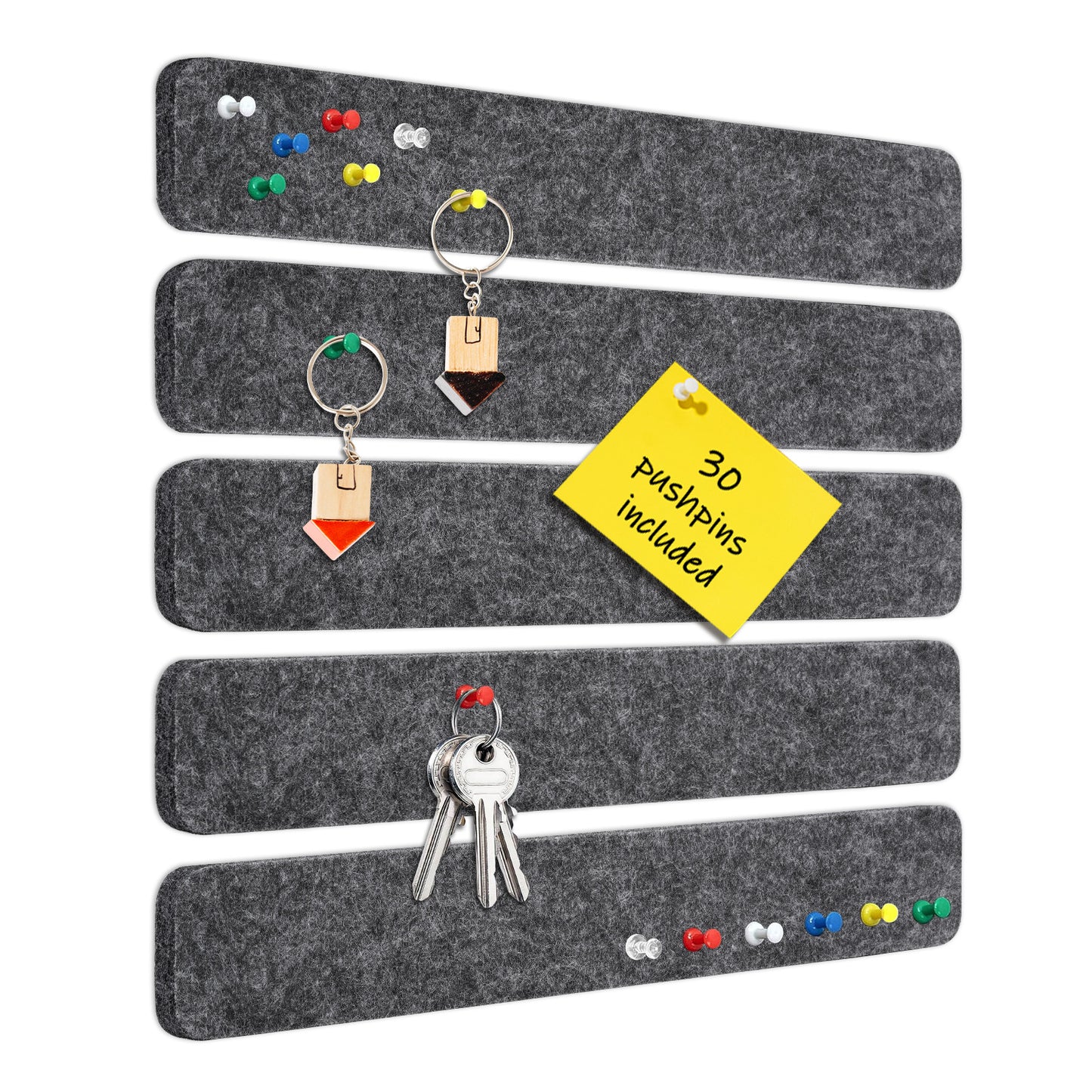 5 Pcs Felt Cork Board Strips, 0.5" Thick, Self-Adhesive 13"x 2" with 30 Pushpins, Grey