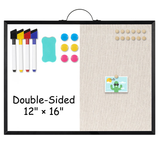 Dry Erase Linen Board, 12"x16" Small Cork Board White Board Combination, Double-Sided Magnetic Bulletin Board for Wall, Vision Board with Markers and Magnets
