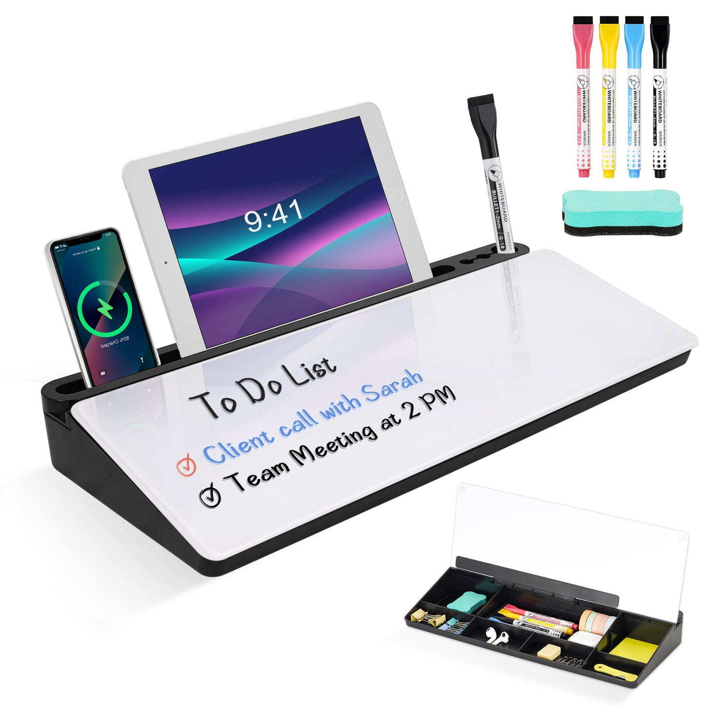 Glass Desktop Whiteboard with Storage Drawer, Black-white Box with 4 Markers 1 Eraser