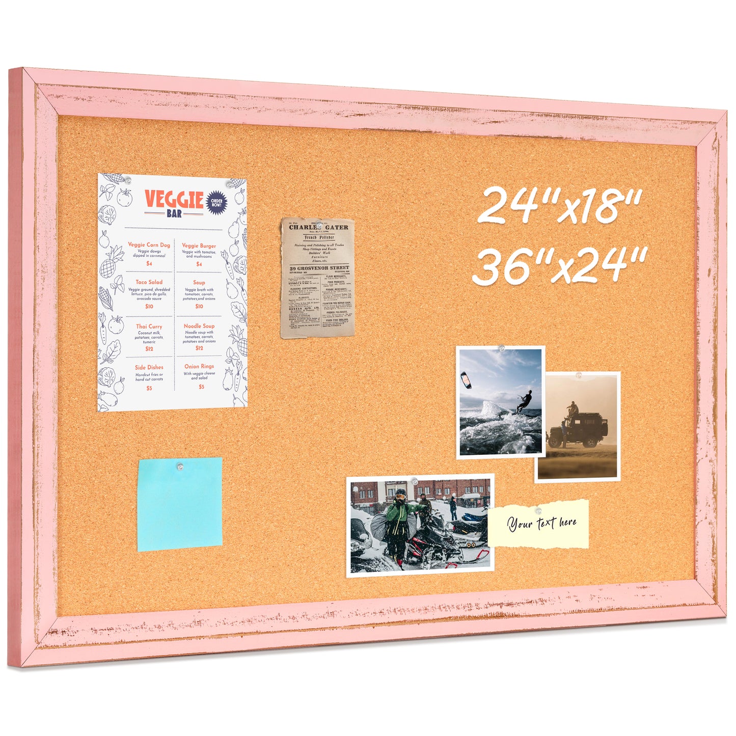 Cork Board for Wall, Bulletin Board Rustic Wooden Frame with 10 Pushpins, Pink