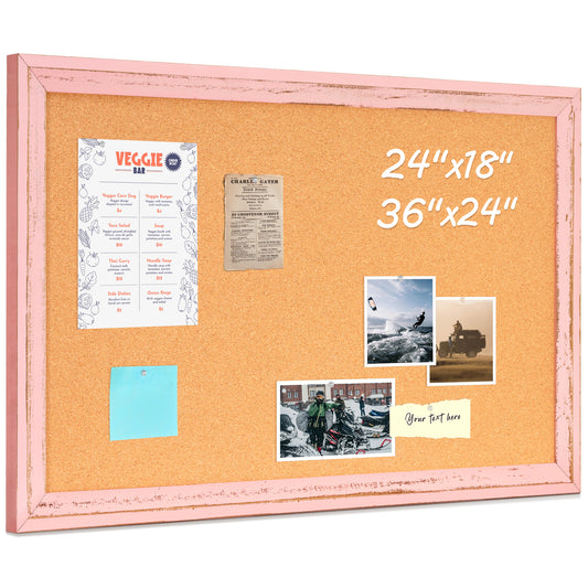 Cork Board for Wall, Bulletin Board Rustic Wooden Frame with 10 Pushpins, Pink