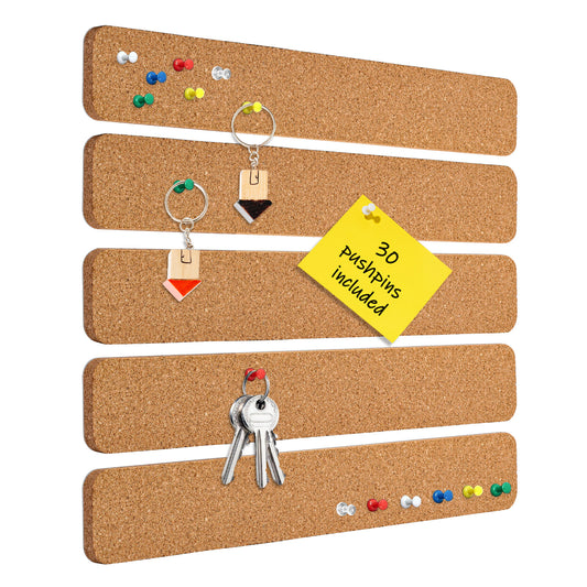 5 Pcs Cork Board Strips, 0.5" Thick, Self-Adhesive 13"x 2" with 30 Pushpins