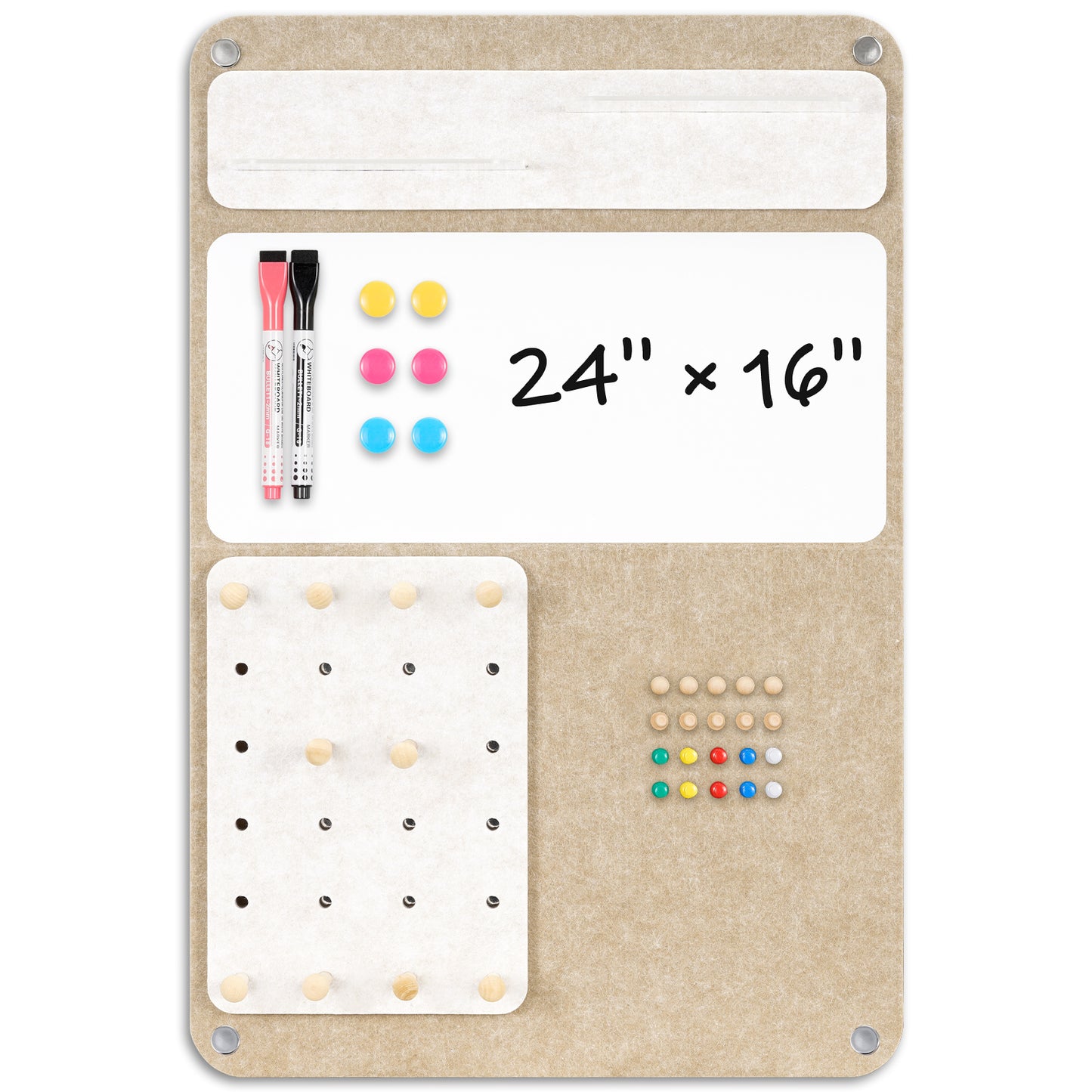 Felt Bulletin Board 24 x 16 In Foldable with Magnetic Whiteboard Dry Erase, Peg Board Acrylic Shelf, Vertical Latte