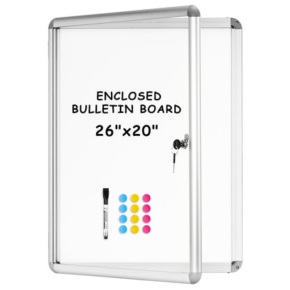 Lockable Notice Board 26"x20" Tamperproof Enclosed Display Board Whiteboard Cabinet, Sliver