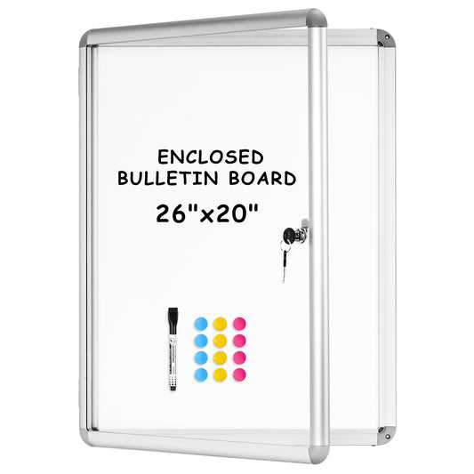 Lockable Notice Board 26"x20" Tamperproof Enclosed Display Board Whiteboard Cabinet, Sliver