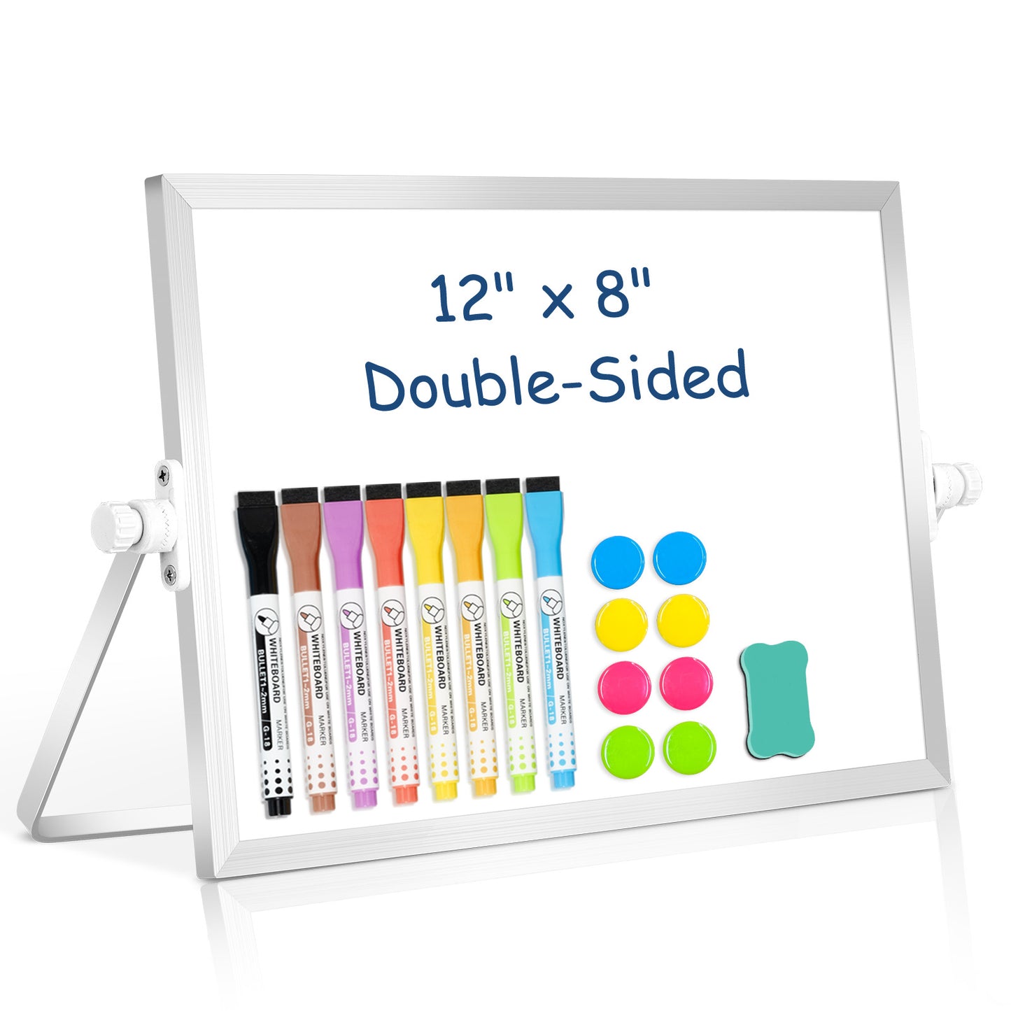Small White Board with Stand, 12" x 8", Double-Sided with 8 Markers 8 Magnets 1 Eraser- Sliver