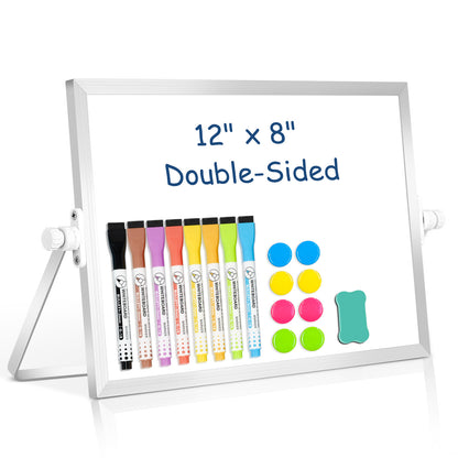 Small White Board with Stand, 12" x 8", Double-Sided with 8 Markers 8 Magnets 1 Eraser- Sliver