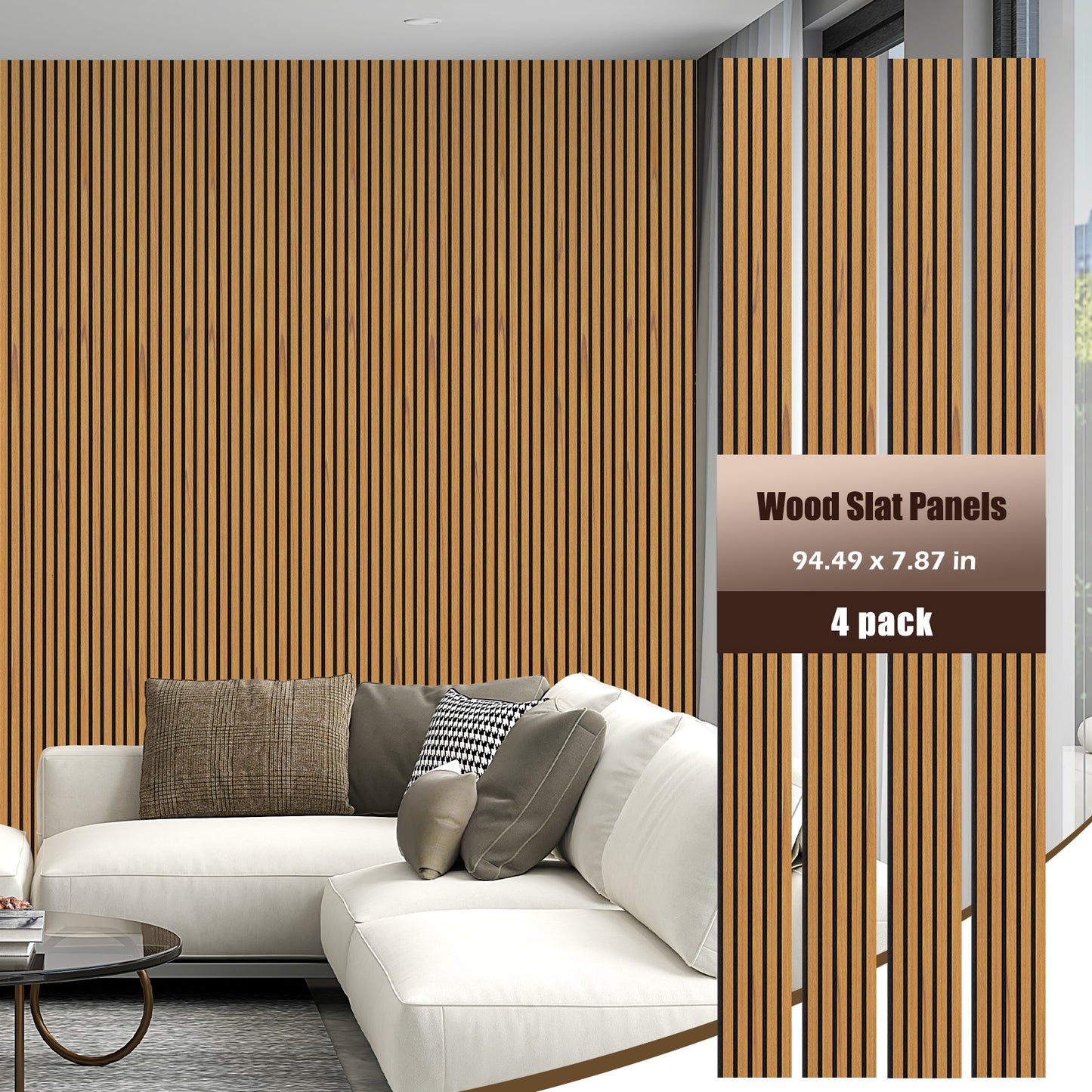 Wood Slat Acoustic Panels for Wall, 94.5" x 7.9" 2Pcs, Teakwood