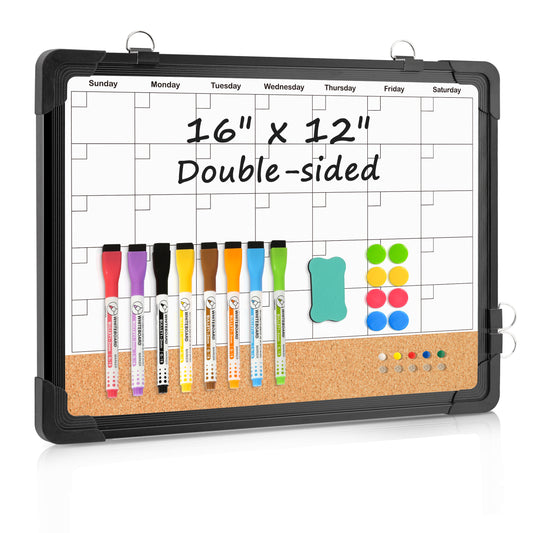 Whiteboard Calendar Cork Board Combo, 16" x 12", Double-Sided with 8 Markers 8 Magnets 10 Pins-Black