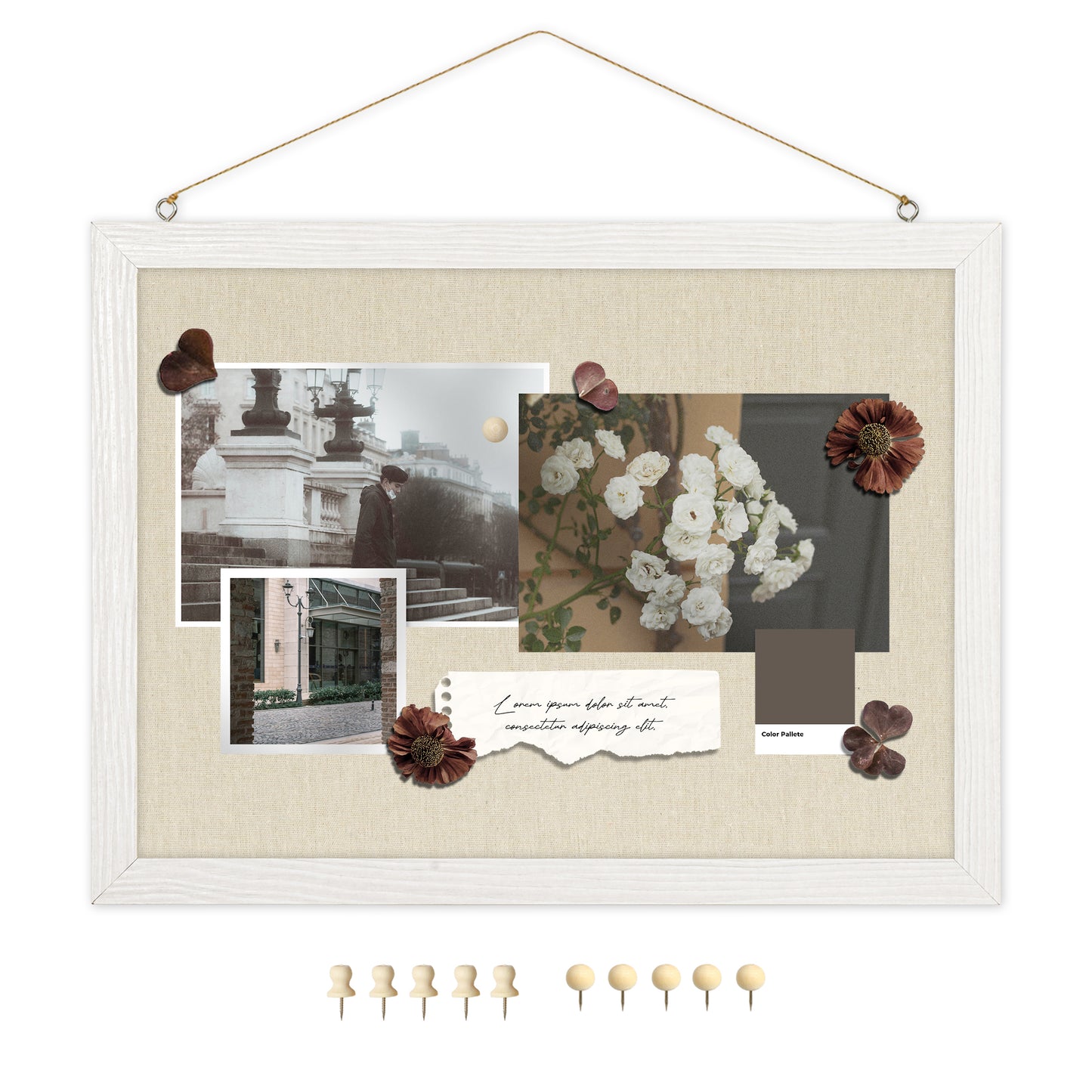 Linen Board 1-Pack 16''X 12'' Double-Sided, Wood Framed with 10 Pushpins, White