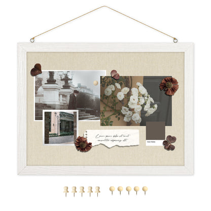 Linen Board 1-Pack 16''X 12'' Double-Sided, Wood Framed with 10 Pushpins, White
