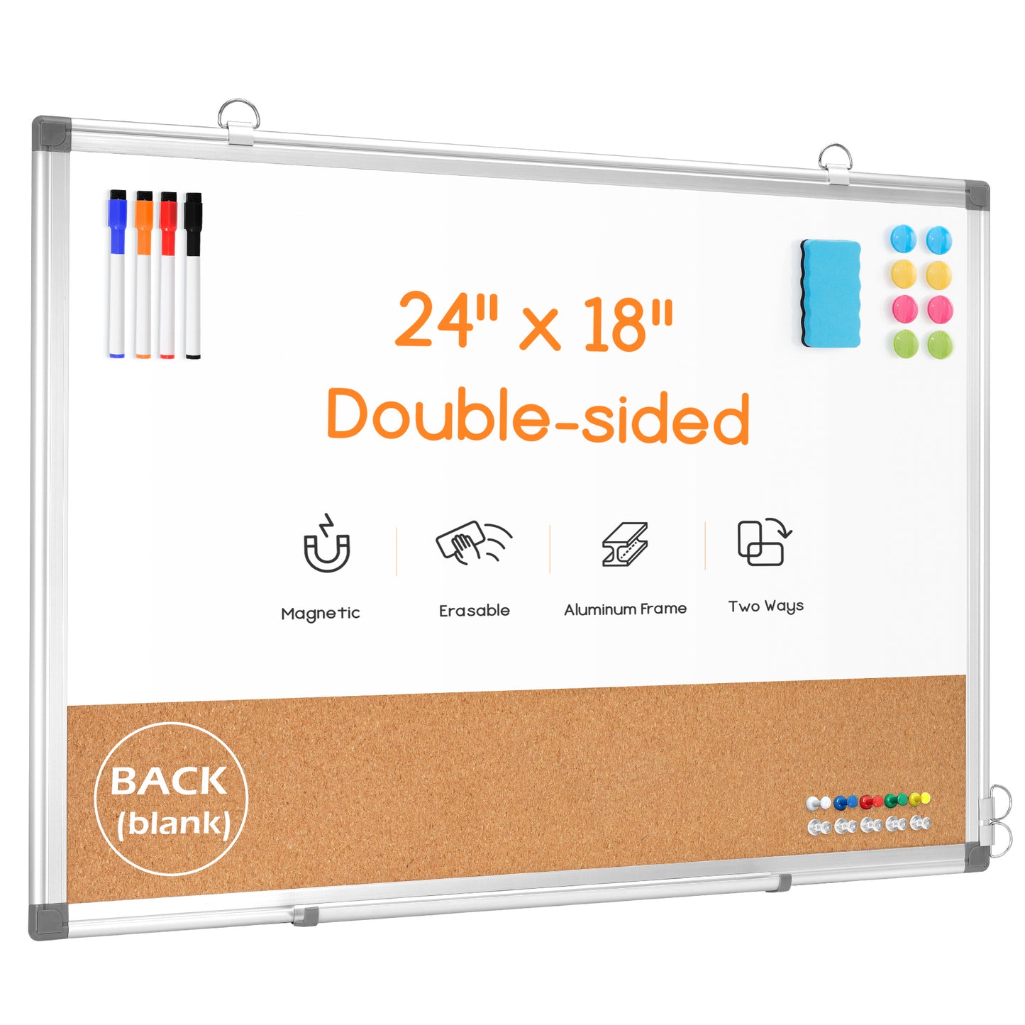 Dry Erase Board Double-Sided Whiteboard Cork Board Combo for Wall,  24" x 18", 36" x 24" Dry Erase White Board Corkboard Combination