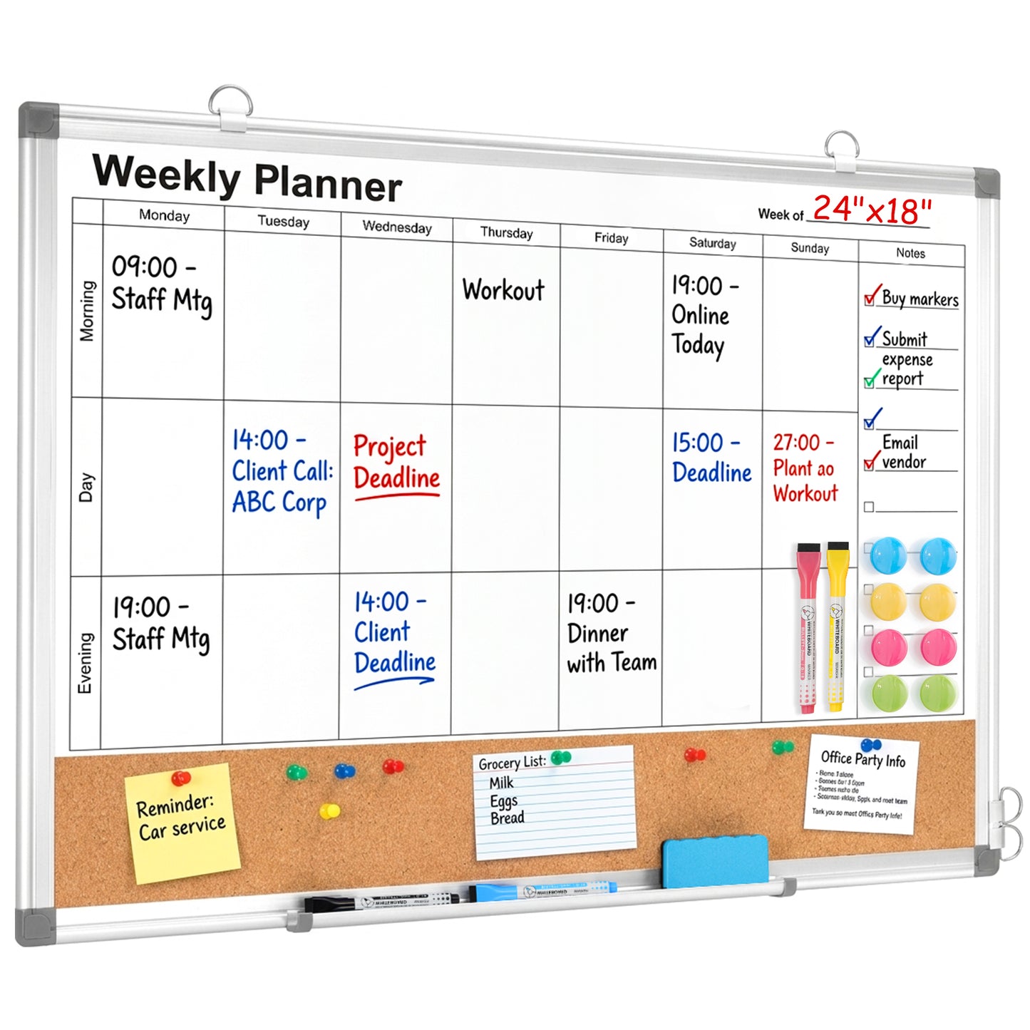 Weekly Dry Erase Calendar Whiteboard for Wall, 24" x 18" Double-Sided Weekly Planner White Board Cork Combo