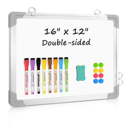 Small Dry Erase Board, 16" x 12", Double-Sided Magnetic Whiteboard with 8 Markers 8 Magnets 1 Eraser-Silver