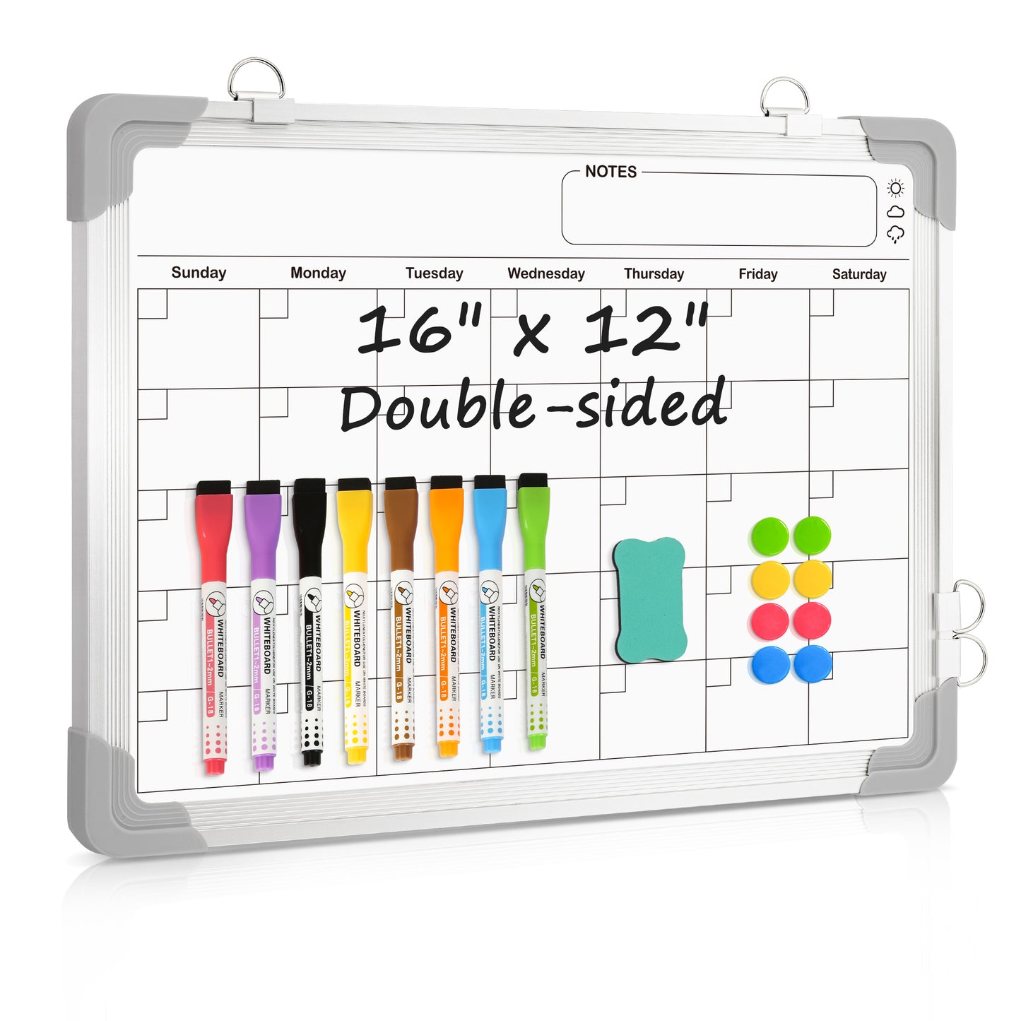 White Board Calendar, Double-Sided, 16" x 12" Monthly Planner with 8 Markers 8 Magnets 1 Eraser-Silver