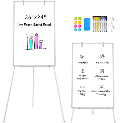 Whiteboard Easel with Stand 36" x 24" Height Adjustable Tripod Stand Portable Magnetic Dry Erase White Board, Sliver