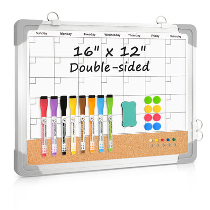 White Board Calendar Cork Board Combo, 16" x 12", Double-Sided with 8 Markers 8 Magnets 10 Pins-Silver