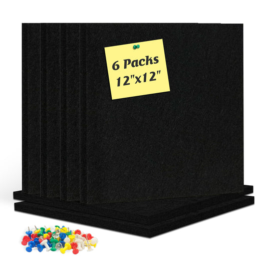 Felt Cork Board Tiles, 6 Packs 12" x 12" 1/2" Thick, Self Adhesive Acoustic Panels Soundproof with 60 Pushpins, Black