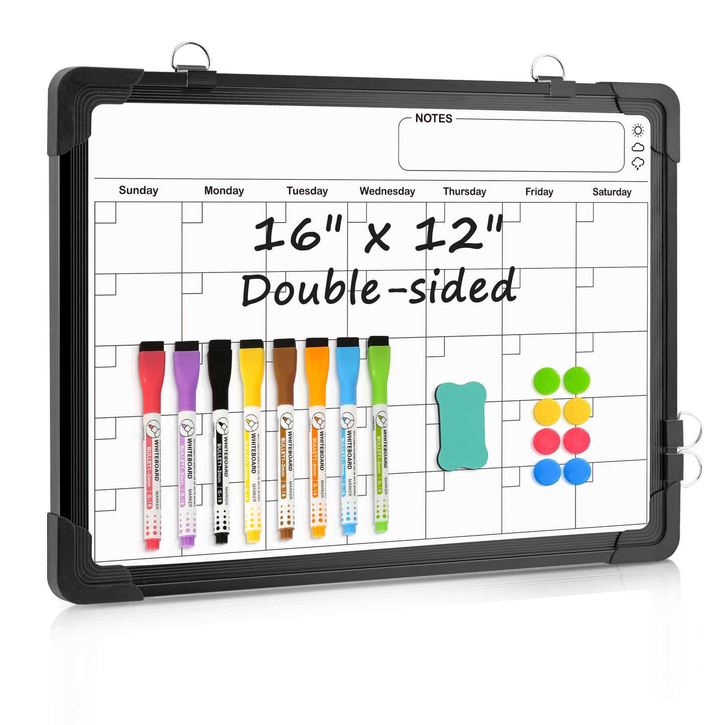 Whiteboard Calendar, Double-Sided, 16" x 12" Monthly Planner with 8 Markers 8 Magnets 1 Eraser-Black