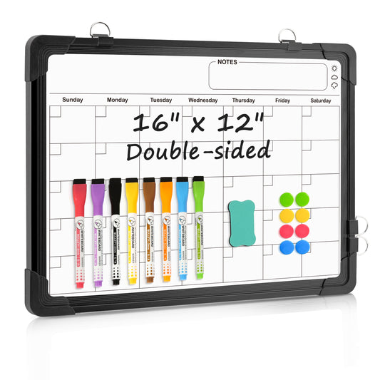 Whiteboard Calendar, Double-Sided, 16" x 12" Monthly Planner with 8 Markers 8 Magnets 1 Eraser-Black