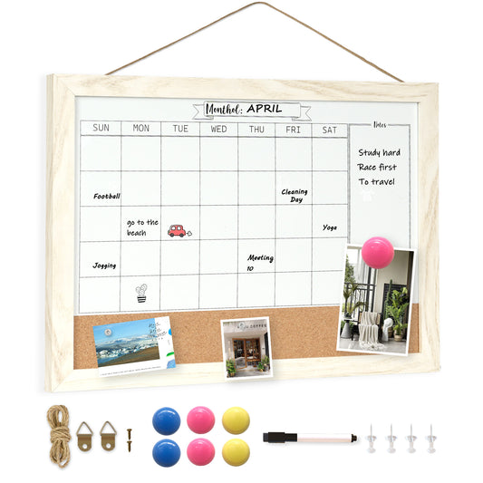 Monthly Whiteboard Calendar & Corkboard for Wall, Magnetic 16"x12" Dry Erase Board with White Wood Framed