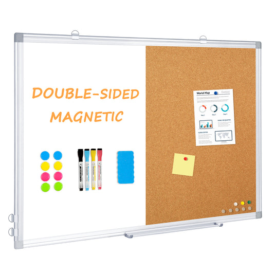 Whiteboard Corkboard Combo, Double-Sided Dry Erase Board with 4 Markers 6 Magnets 10 Pins 1 Eraser-Silver